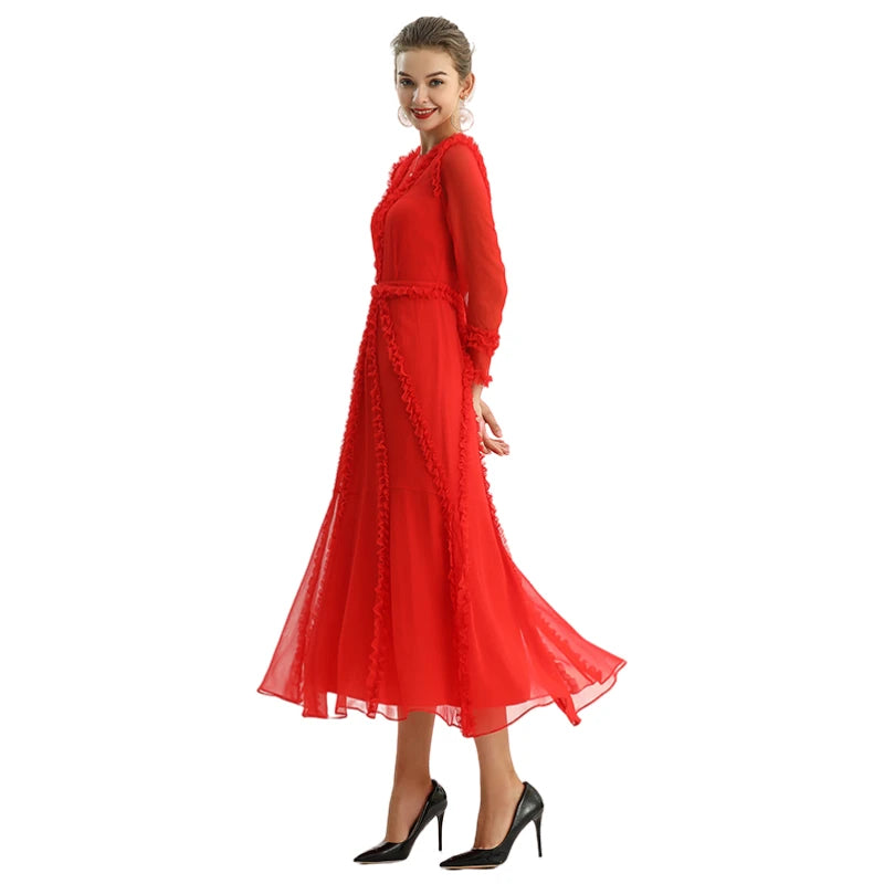 JJparty-D084-2 Women silk plissé chiffon three quarters sleeves ruffle detailed midi party dress