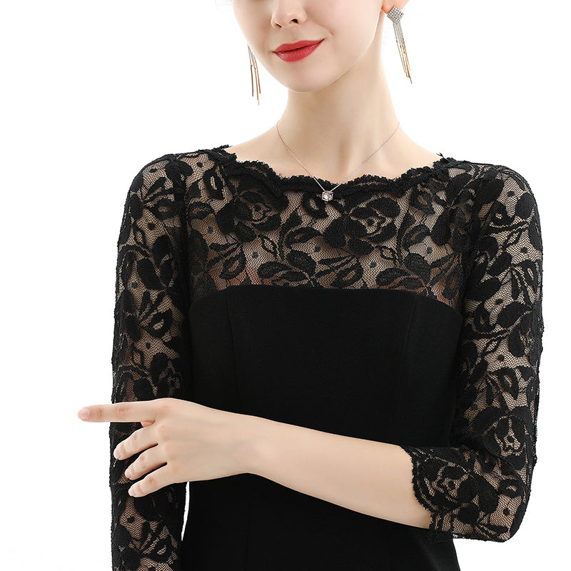 JJparty-D072 Women polyester knit scallop lace panel three-quarter sleeves fitted party midi dress