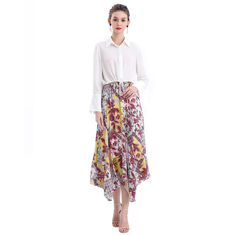 JJparty-S068-5 Women vintage print asymmetric panelled long flare handkerchief skirt
