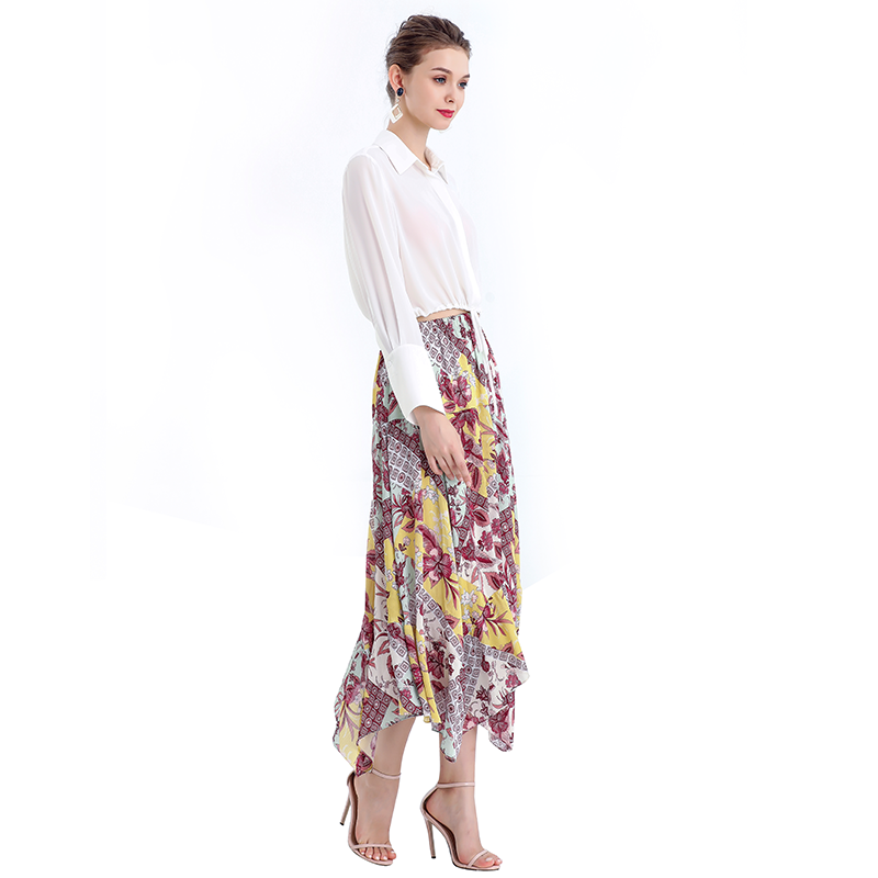 JJparty-S068-5 Women vintage print asymmetric panelled long flare handkerchief skirt