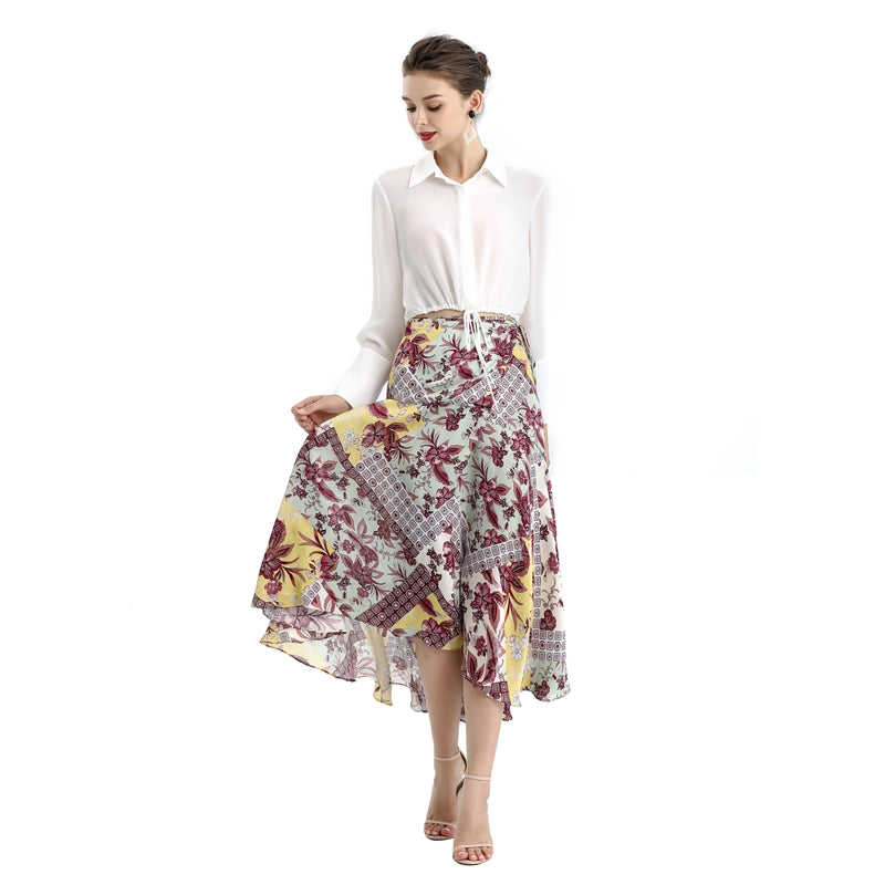 JJparty-S070-2 Women Retro print wrap design panelled asymmetric casual midi skirt