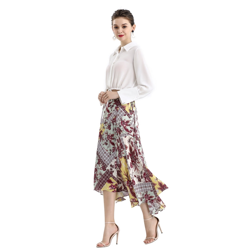 JJparty-S070-2 Women Retro print wrap design panelled asymmetric casual midi skirt