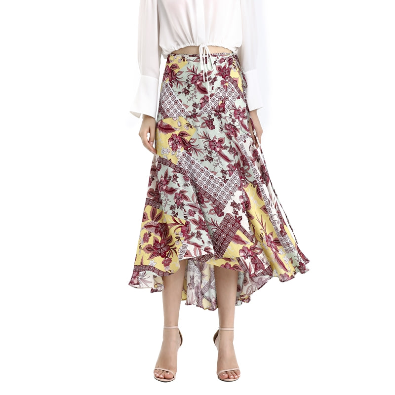 JJparty-S070-2 Women Retro print wrap design panelled asymmetric casual midi skirt