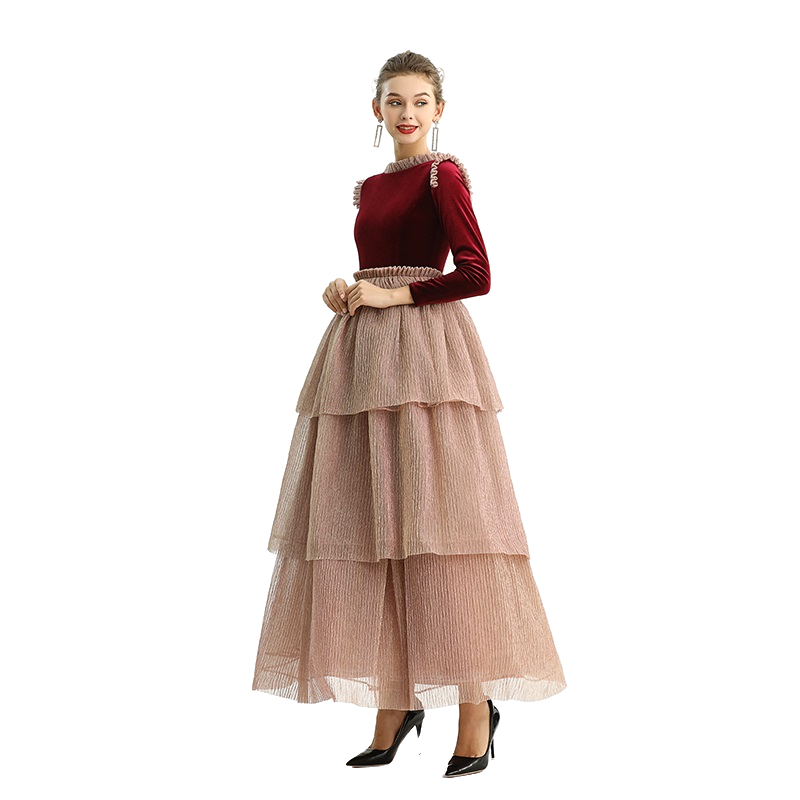 JJparty-D192 Girls velvet long sleeves tiered flared design maxi tulle gown