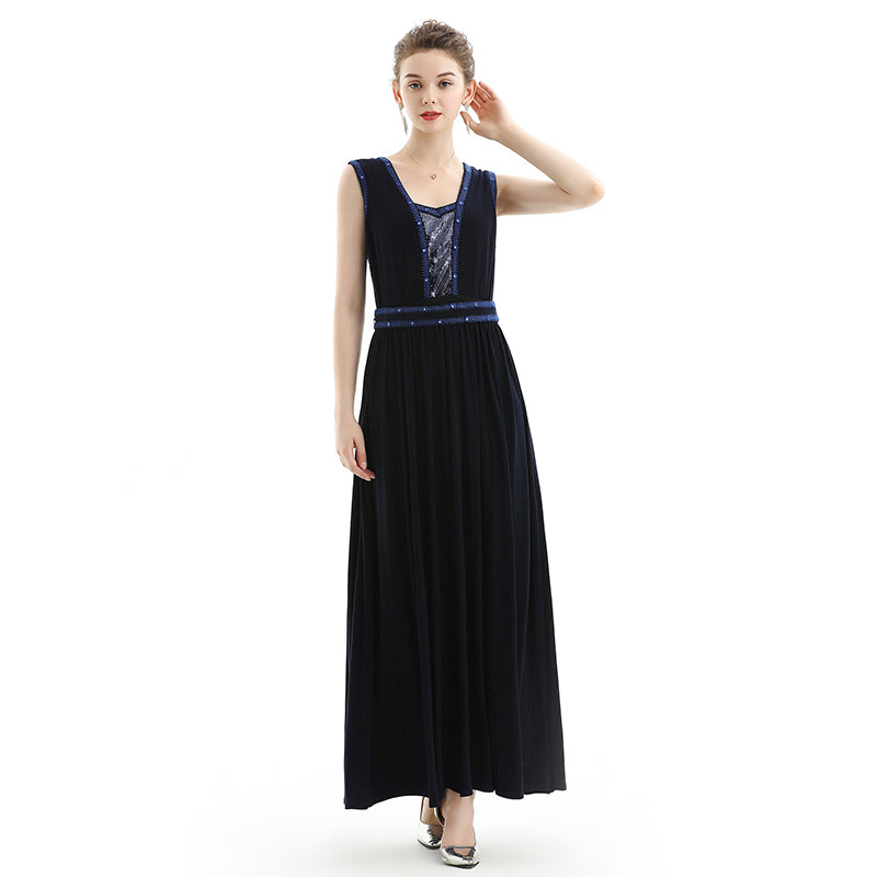 JJparty-D071 Women solid knit sleeveless embroidered and sequin embellished maxi evening dress