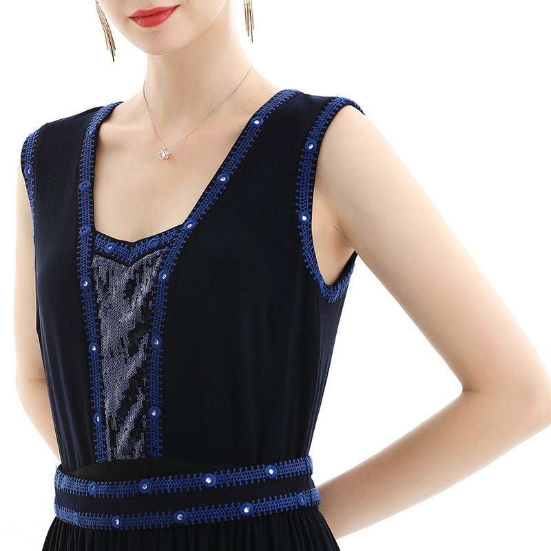 JJparty-D071 Women solid knit sleeveless embroidered and sequin embellished maxi evening dress