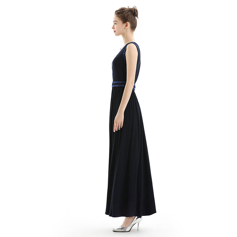 JJparty-D071 Women solid knit sleeveless embroidered and sequin embellished maxi evening dress
