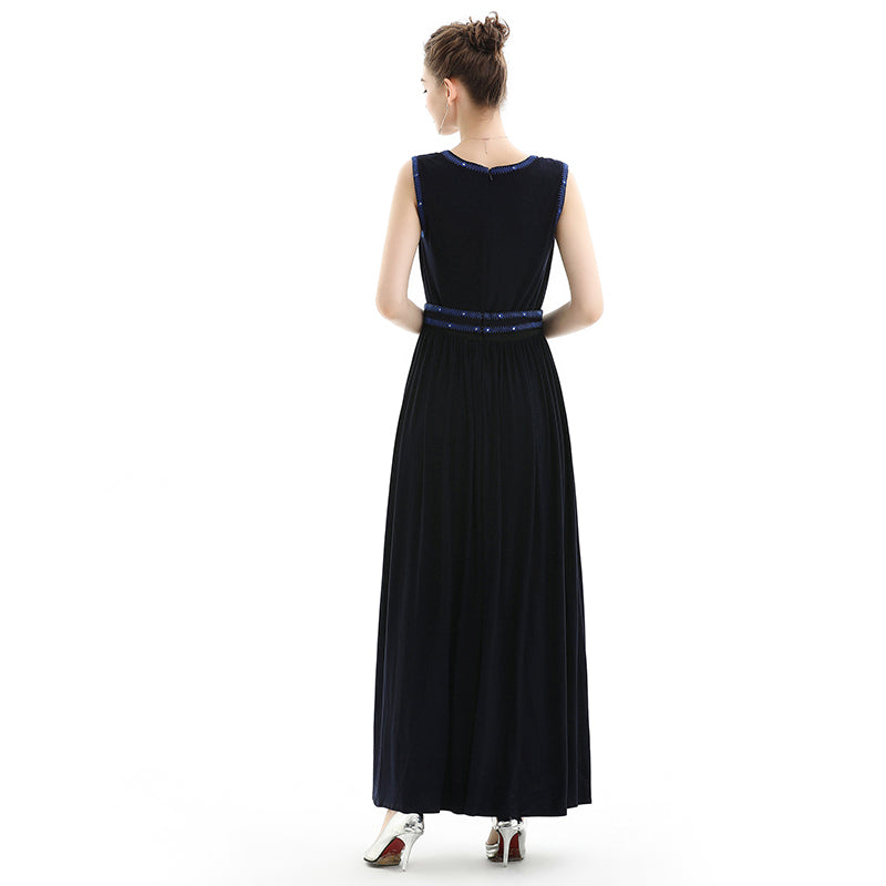 JJparty-D071 Women solid knit sleeveless embroidered and sequin embellished maxi evening dress