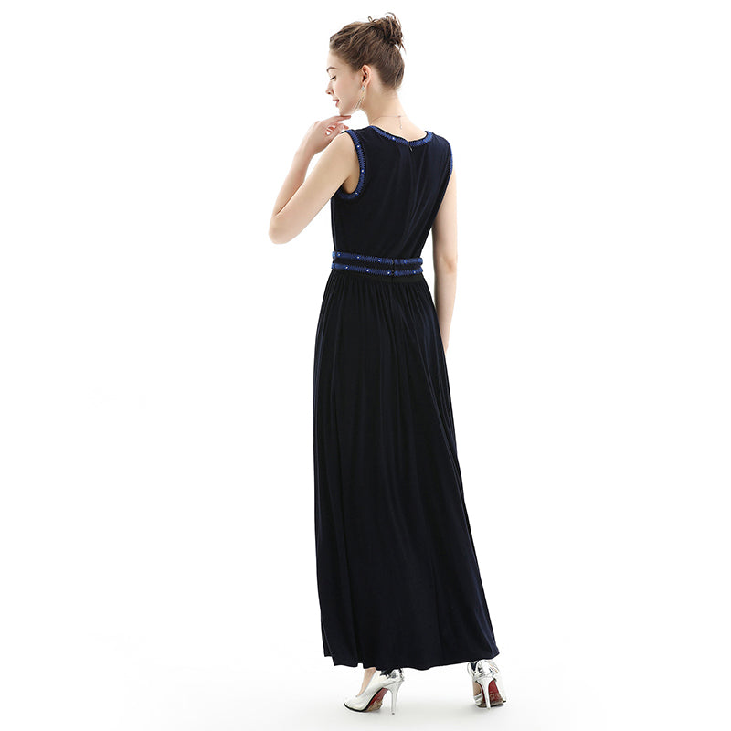 JJparty-D071 Women solid knit sleeveless embroidered and sequin embellished maxi evening dress