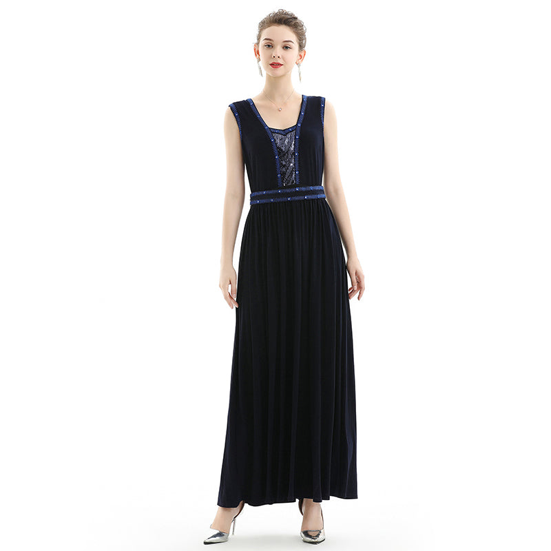 JJparty-D071 Women solid knit sleeveless embroidered and sequin embellished maxi evening dress