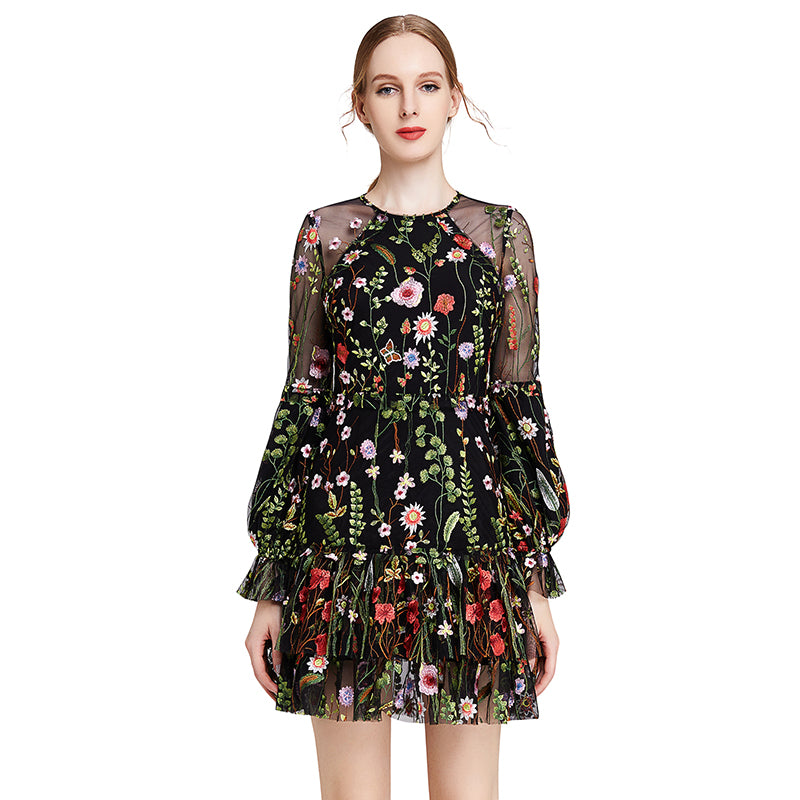 JJparty-D005 Women all-over embroidered long bell sleeves mini party dress