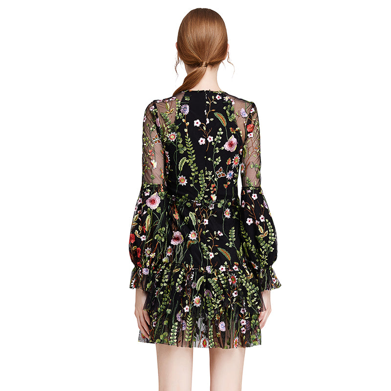 JJparty-D005 Women all-over embroidered long bell sleeves mini party dress