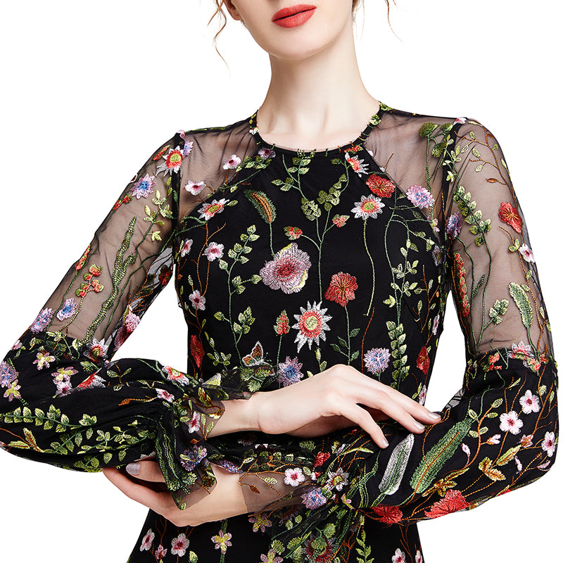 JJparty-D005 Women all-over embroidered long bell sleeves mini party dress