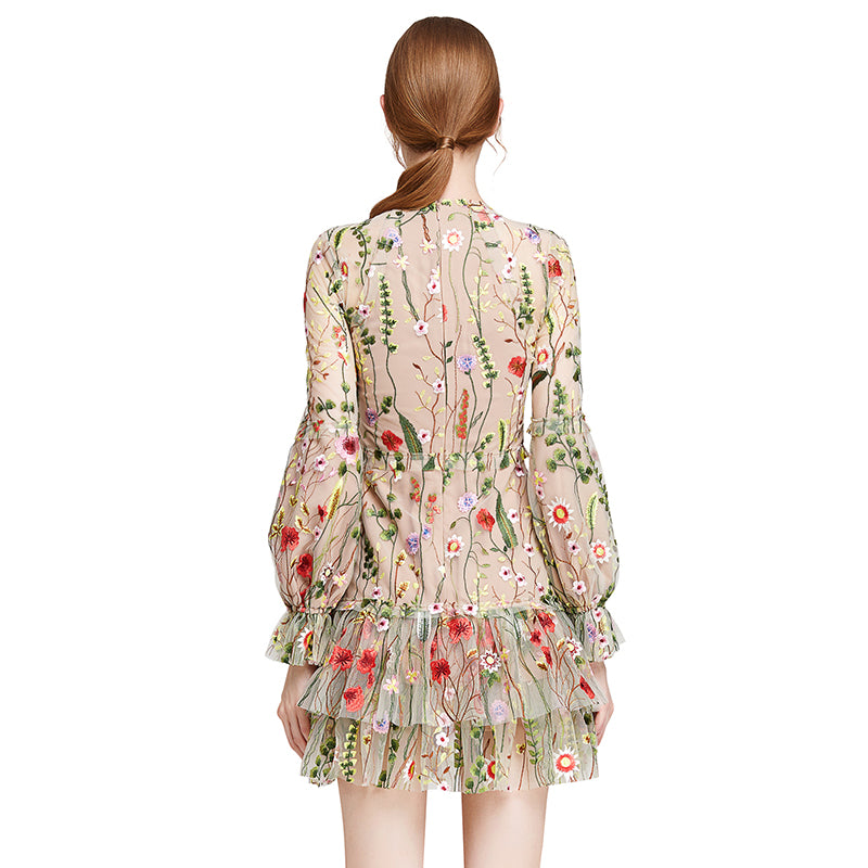 JJparty-D005 Women all-over embroidered long bell sleeves mini party dress