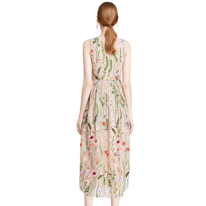 JJparty-D006 Women all-over floral embroidered tulle sleeveless asymmetric hem midi party dress