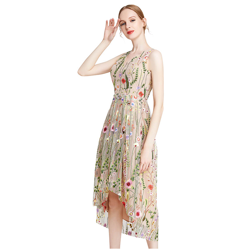 JJparty-D006 Women all-over floral embroidered tulle sleeveless asymmetric hem midi party dress