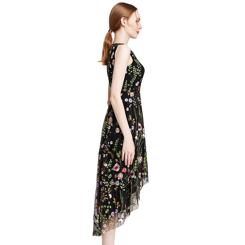 JJparty-D006 Women all-over floral embroidered tulle sleeveless asymmetric hem midi party dress