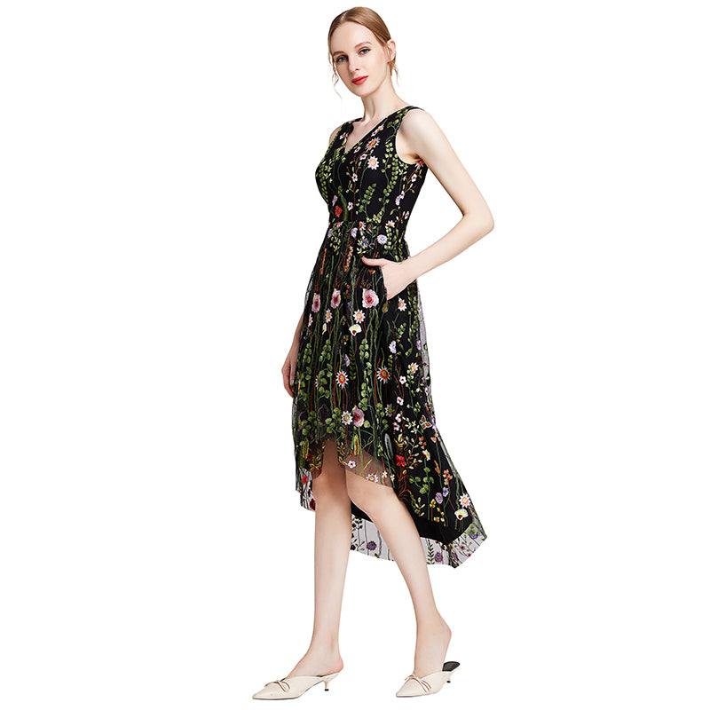 JJparty-D006 Women all-over floral embroidered tulle sleeveless asymmetric hem midi party dress