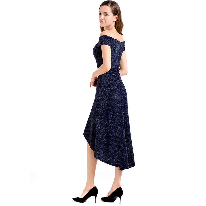 JJparty-D018 Women solid metallic knit off shoulder short sleeves asymmetric hem midi party dress