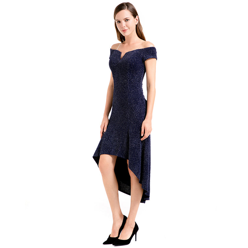 JJparty-D018 Women solid metallic knit off shoulder short sleeves asymmetric hem midi party dress