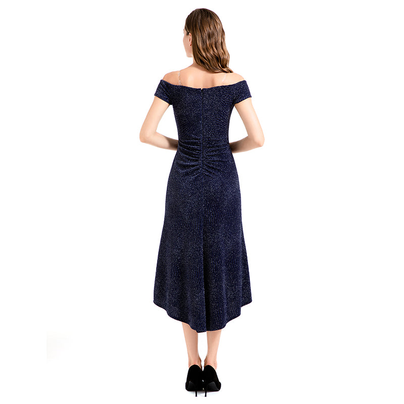 JJparty-D018 Women solid metallic knit off shoulder short sleeves asymmetric hem midi party dress