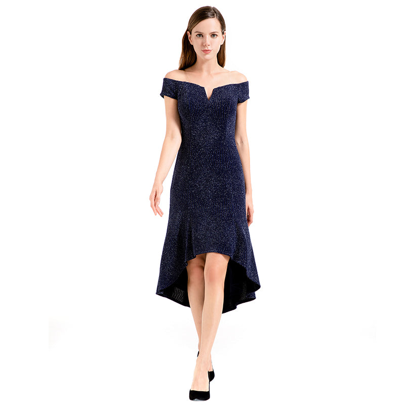 JJparty-D018 Women solid metallic knit off shoulder short sleeves asymmetric hem midi party dress