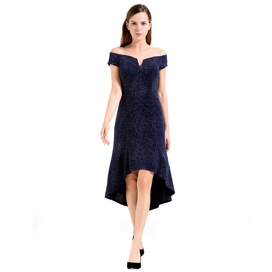 JJparty-D018 Women solid metallic knit off shoulder short sleeves asymmetric hem midi party dress