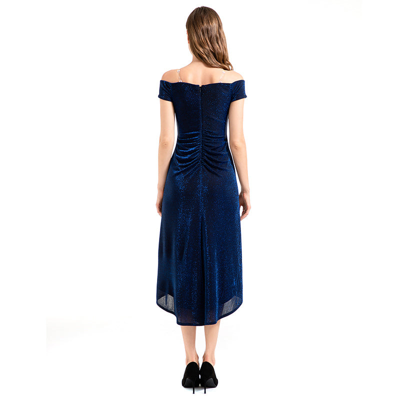 JJparty-D021 Women semi-sheer metallic knit off shoulder short sleeves asymmetric hem midi party dress