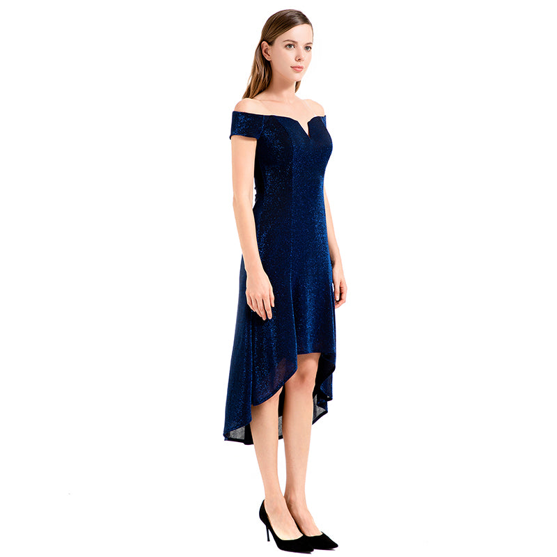 JJparty-D021 Women semi-sheer metallic knit off shoulder short sleeves asymmetric hem midi party dress
