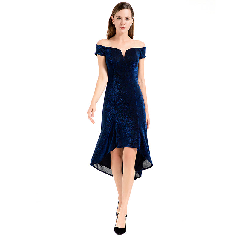 JJparty-D021 Women semi-sheer metallic knit off shoulder short sleeves asymmetric hem midi party dress