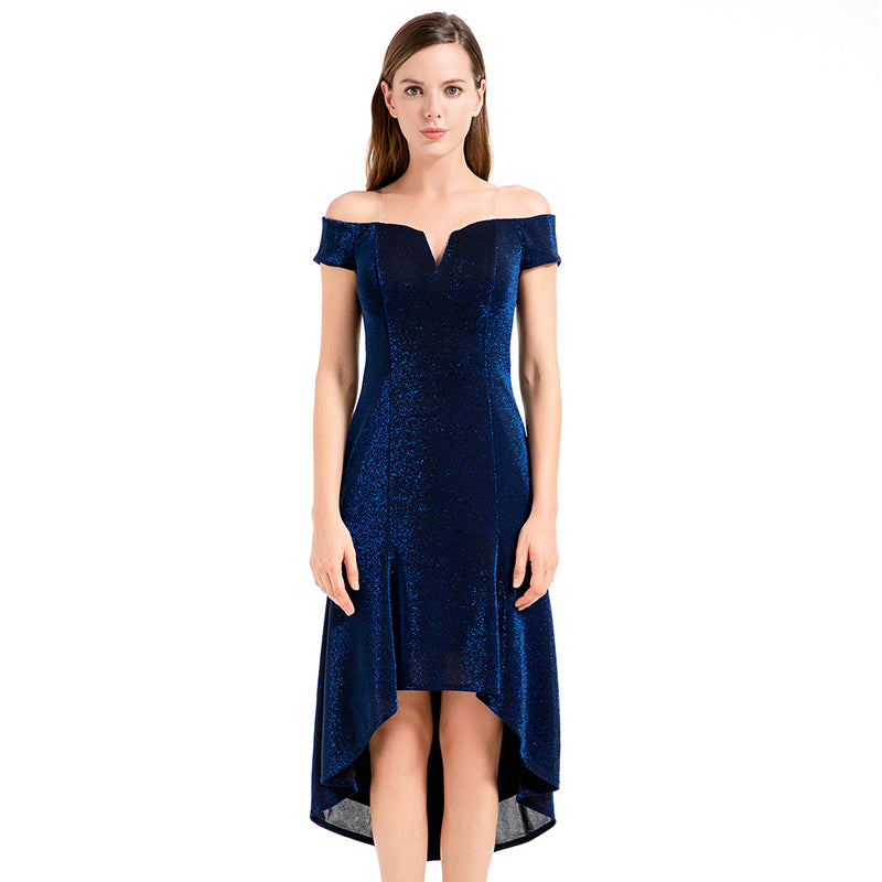 JJparty-D021 Women semi-sheer metallic knit off shoulder short sleeves asymmetric hem midi party dress