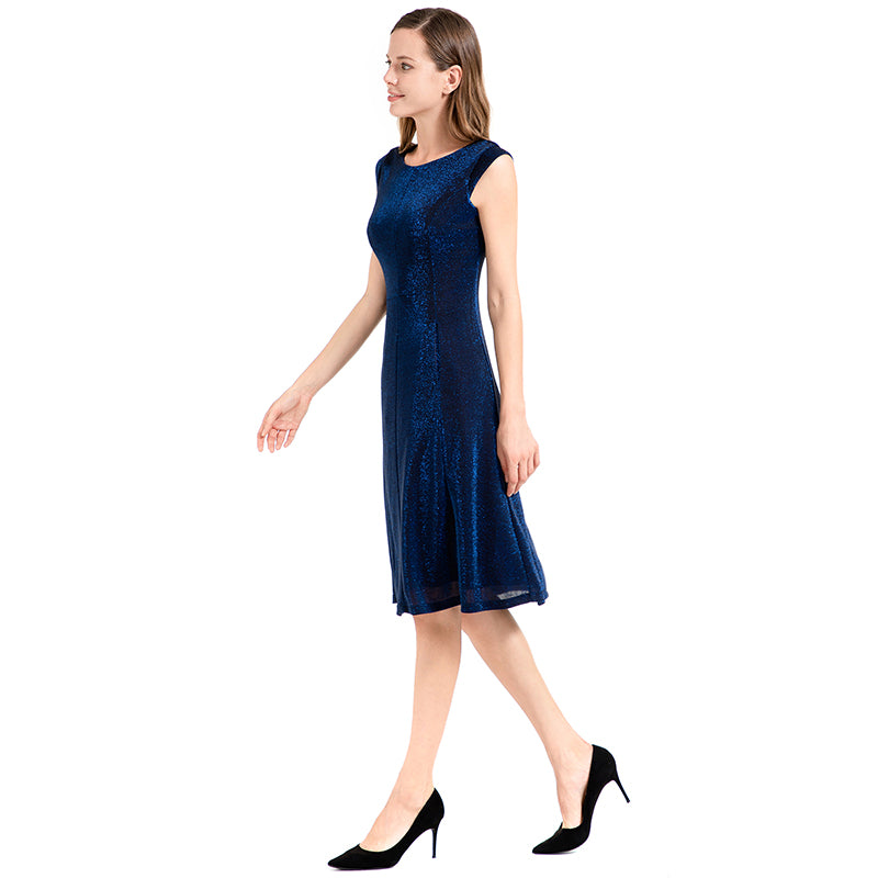 JJparty-D026 Women semi-sheer metallic knit round neck sleeveless A-line flared midi party dress