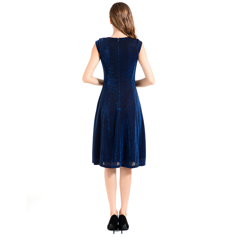 JJparty-D026 Women semi-sheer metallic knit round neck sleeveless A-line flared midi party dress