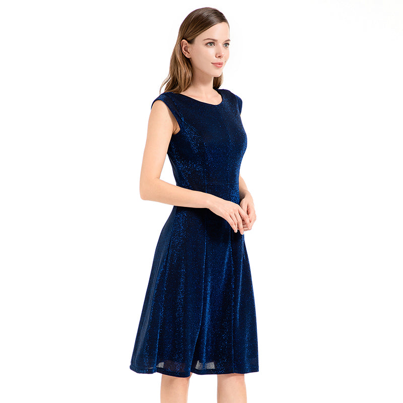 JJparty-D026 Women semi-sheer metallic knit round neck sleeveless A-line flared midi party dress