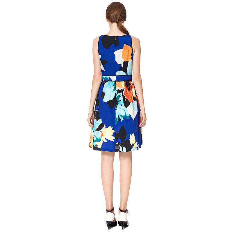 JJparty-D038 Women flower print key-hole neckline sleeveless mini day dress