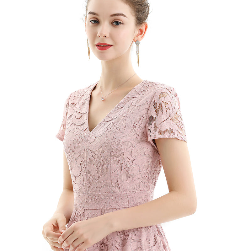 JJparty-D062-2 Women scroll leaf lace V neck cap sleeves flared midi evening dress