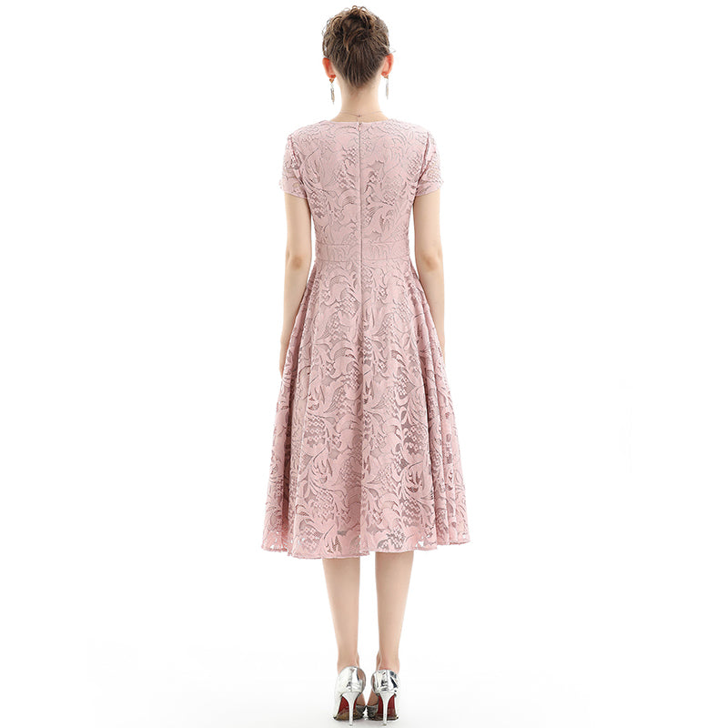 JJparty-D062-2 Women scroll leaf lace V neck cap sleeves flared midi evening dress
