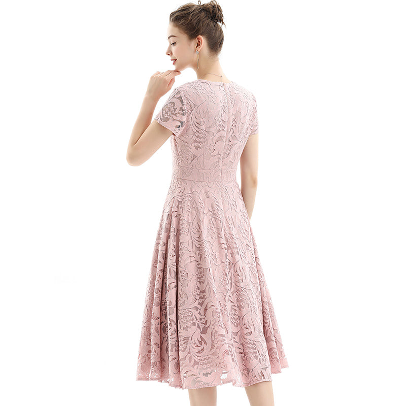 JJparty-D062-2 Women scroll leaf lace V neck cap sleeves flared midi evening dress