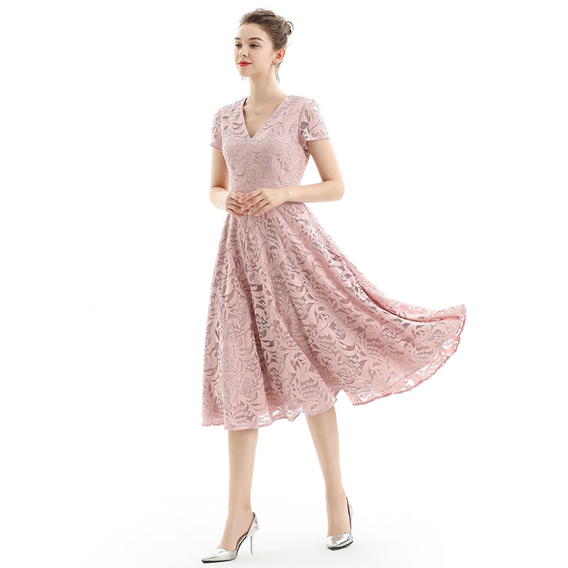 JJparty-D062-2 Women scroll leaf lace V neck cap sleeves flared midi evening dress