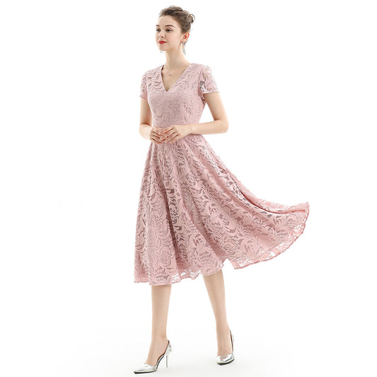 JJparty-D062-2 Women scroll leaf lace V neck cap sleeves flared midi evening dress