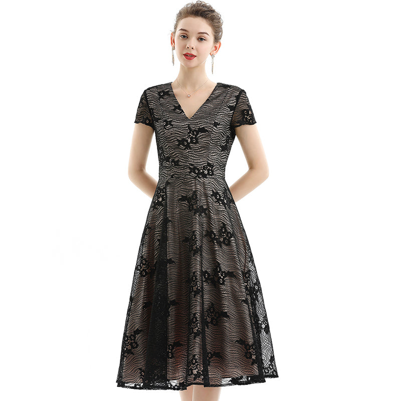 JJparty-D062 Women floral lace V neck cap sleeves flared midi evening dress
