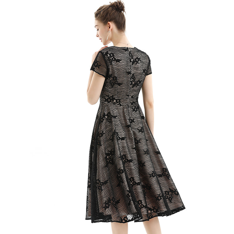 JJparty-D062 Women floral lace V neck cap sleeves flared midi evening dress