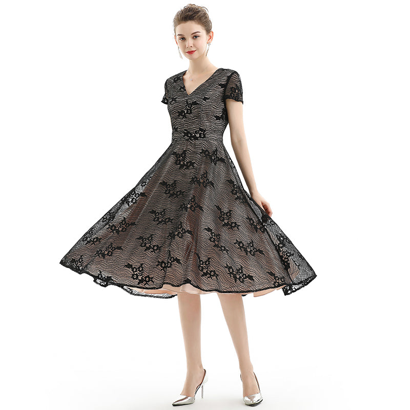 JJparty-D062 Women floral lace V neck cap sleeves flared midi evening dress
