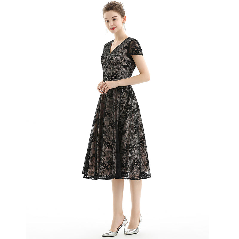 JJparty-D062 Women floral lace V neck cap sleeves flared midi evening dress