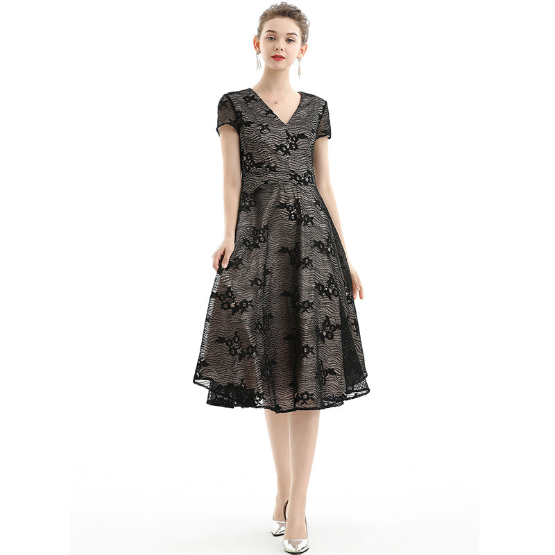 JJparty-D062 Women floral lace V neck cap sleeves flared midi evening dress