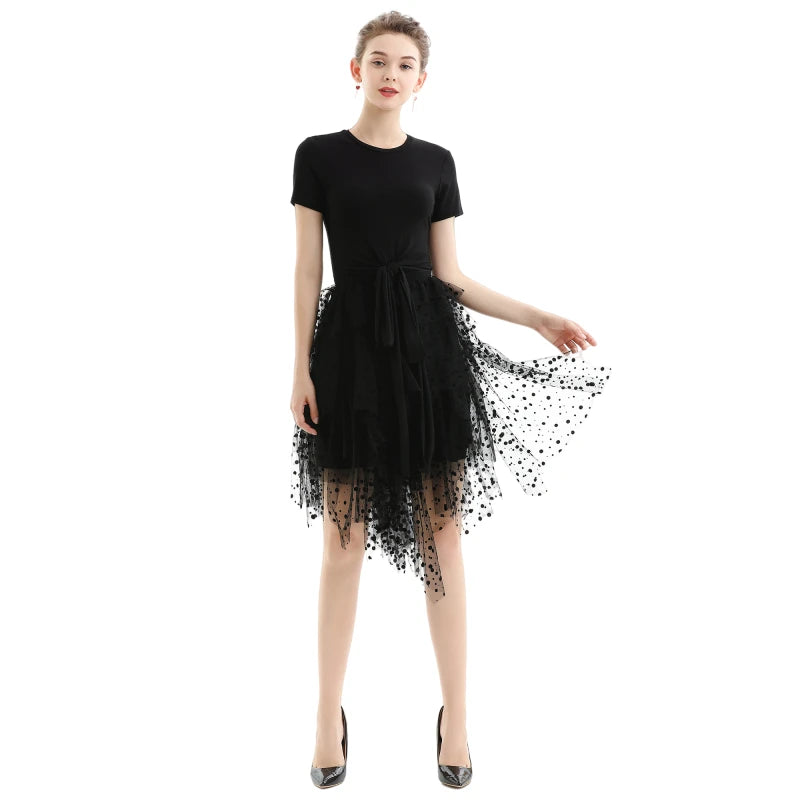 JJparty-S077-1 Women swiss-dots tulle multi-layers asymmetric party short skirt