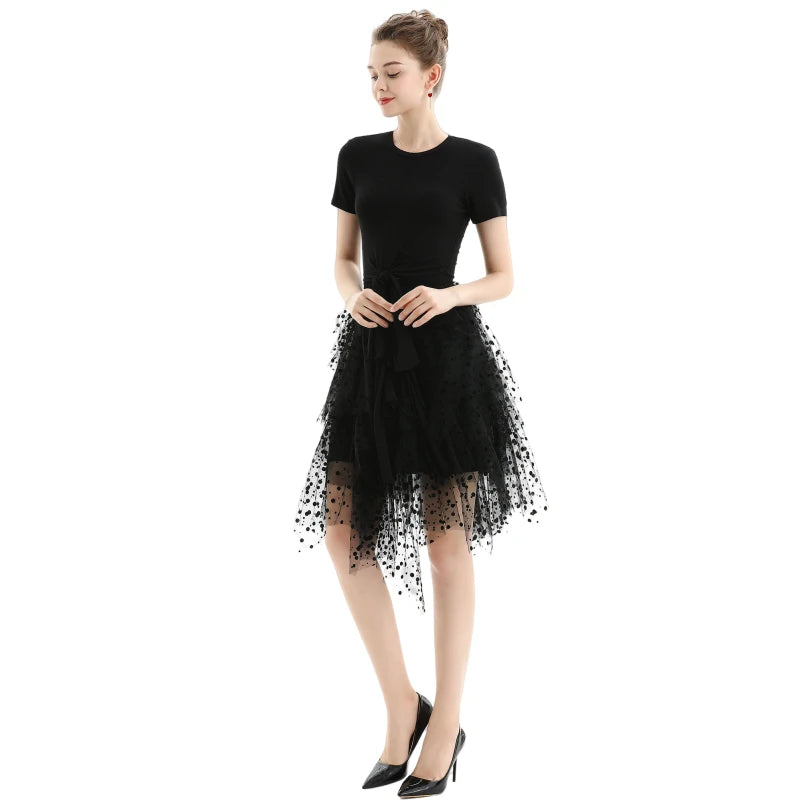 JJparty-S077-1 Women swiss-dots tulle multi-layers asymmetric party short skirt