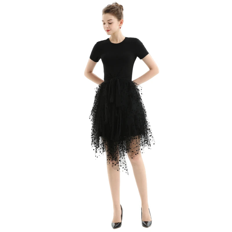 JJparty-S077-1 Women swiss-dots tulle multi-layers asymmetric party short skirt