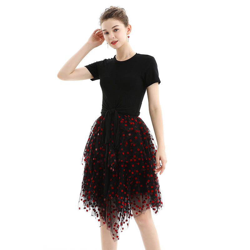 JJparty-S077 Women flocked tulle multi-layers asymmetric party short skirt