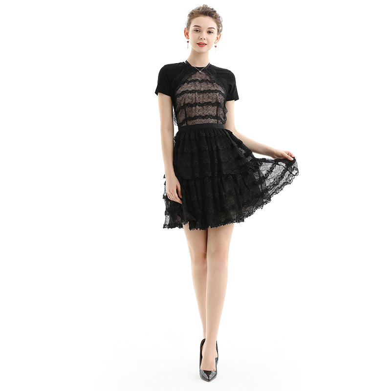 JJparty-D073 Women lace halter neck scallop trims ruffled detail tiered mini evening dress